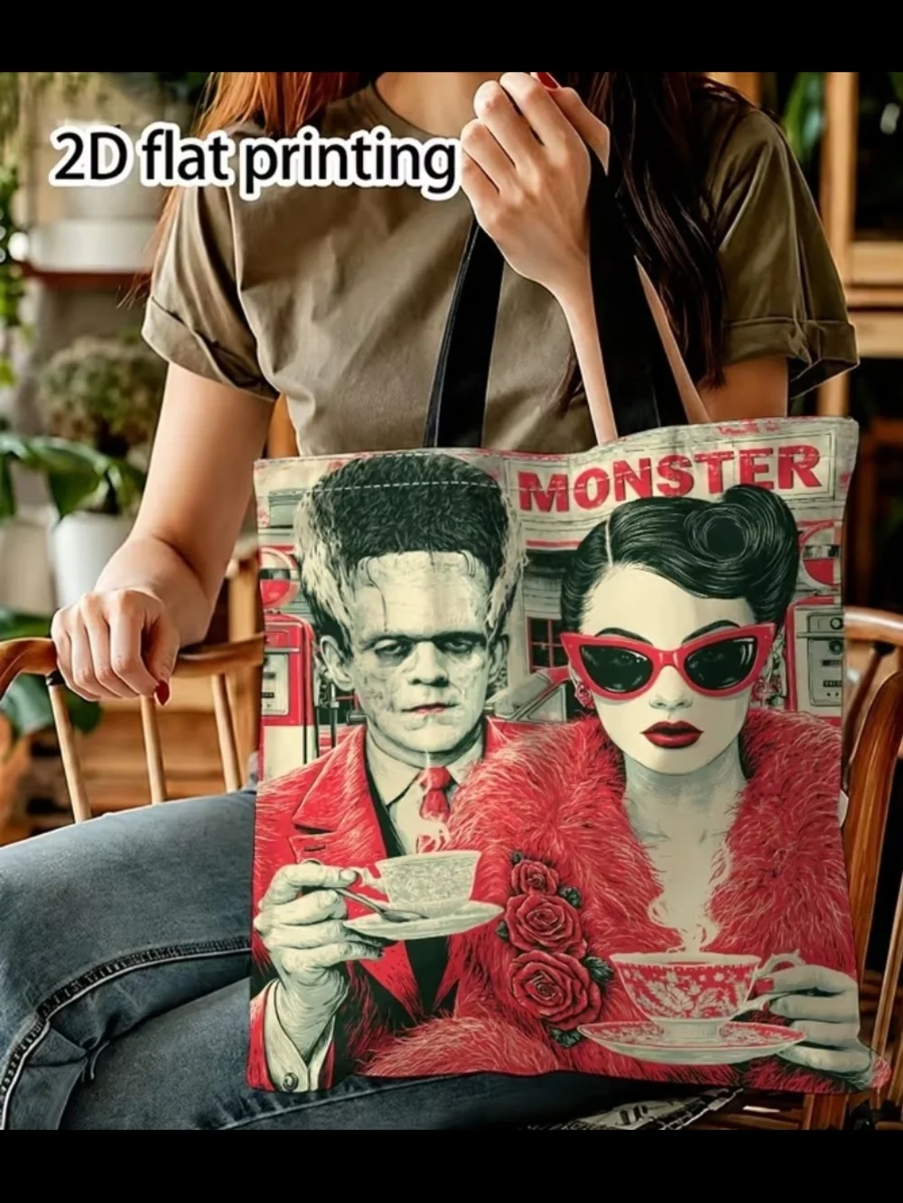 Monster Retro Art Tote Bag in Red and Black